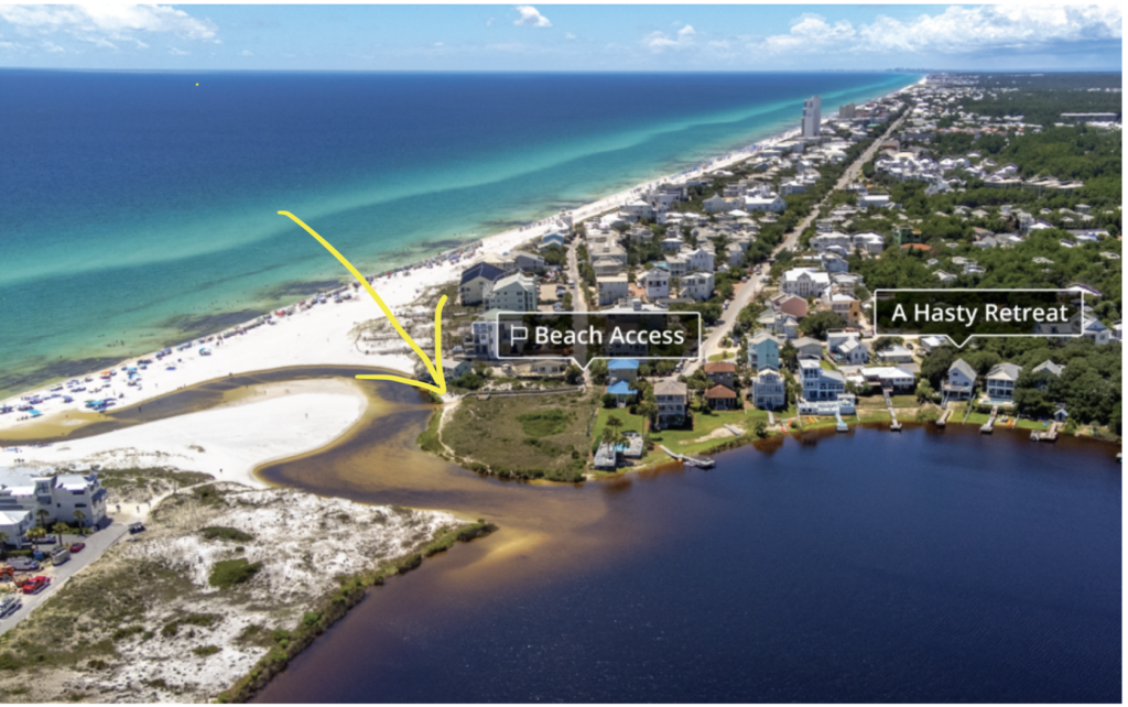 A Hasty Retreat's beach access, located a short distance away, which leads to the outlet of Eastern Lake to the Gulf of Mexico.