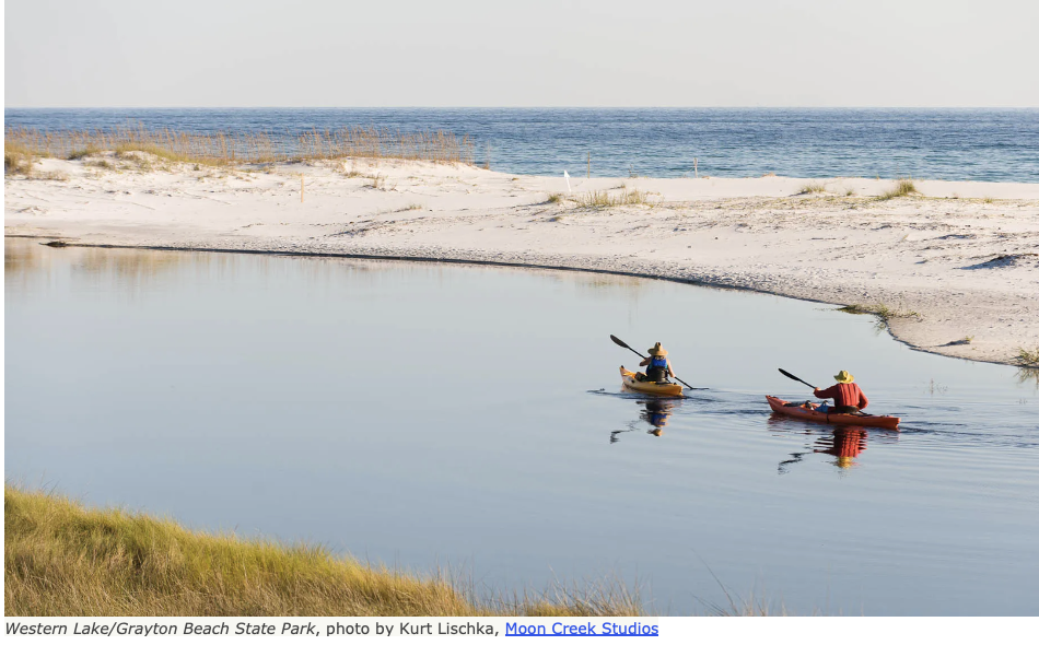 Two kayakers paddling along Western Lake next to the Gulf of Mexico on 30A, Florida.