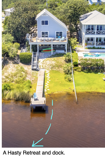 An aerial of A Hasty Retreat and it's dock. A vacation rental by Oversee on 30a.