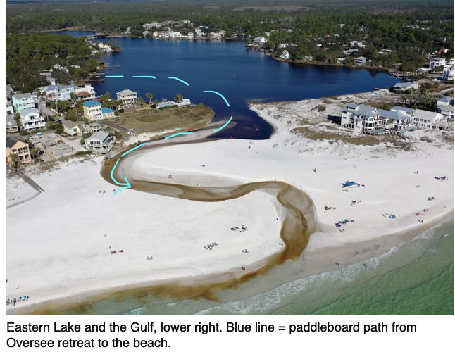 An aerial of Eastern Lake leading to the gulf of Mexico with a line dotted from A Hasty Retreat, a vacation rental by Oversee on 30A.