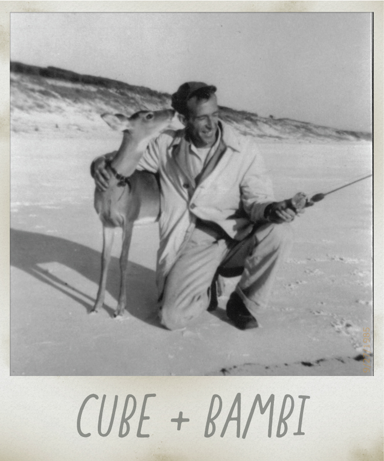 Cube McGee fishing on Seagrove Beach with the family pet deer Bambi, in the early 1950s