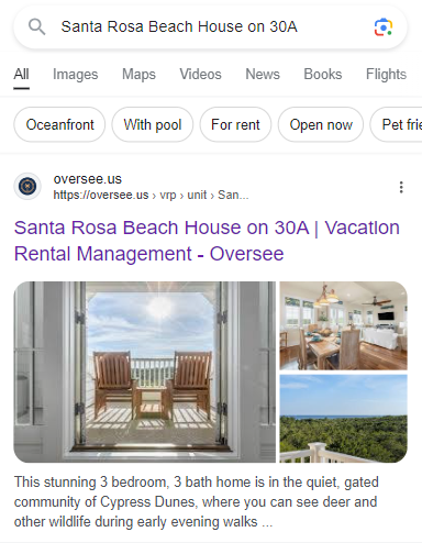 SERP Results, photos, vacational rentals